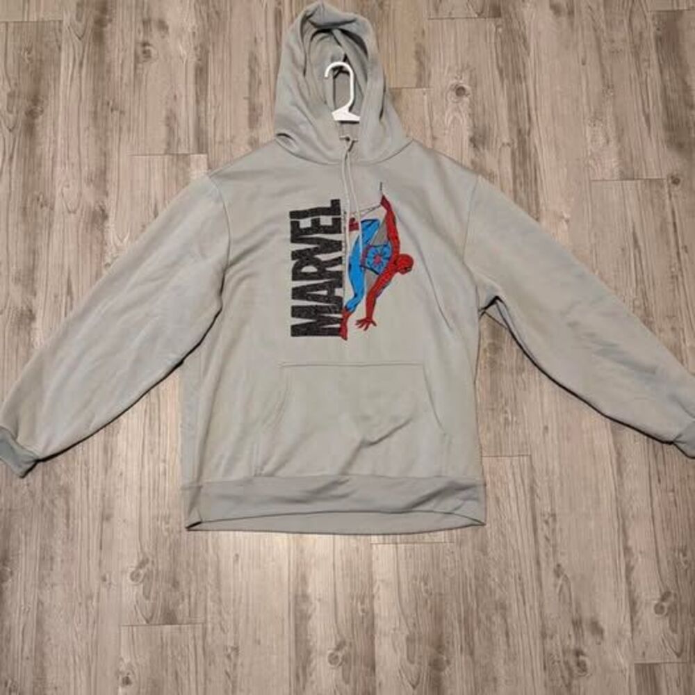 Marvel Spider-Man Hoodie Mens XL Gray Pullover Graphic Print Sweatshirt